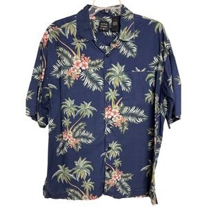 Cotton Traders Sport Shirt Mens Large Blue Tropical Palm Hawaiian CB-P25 G4
